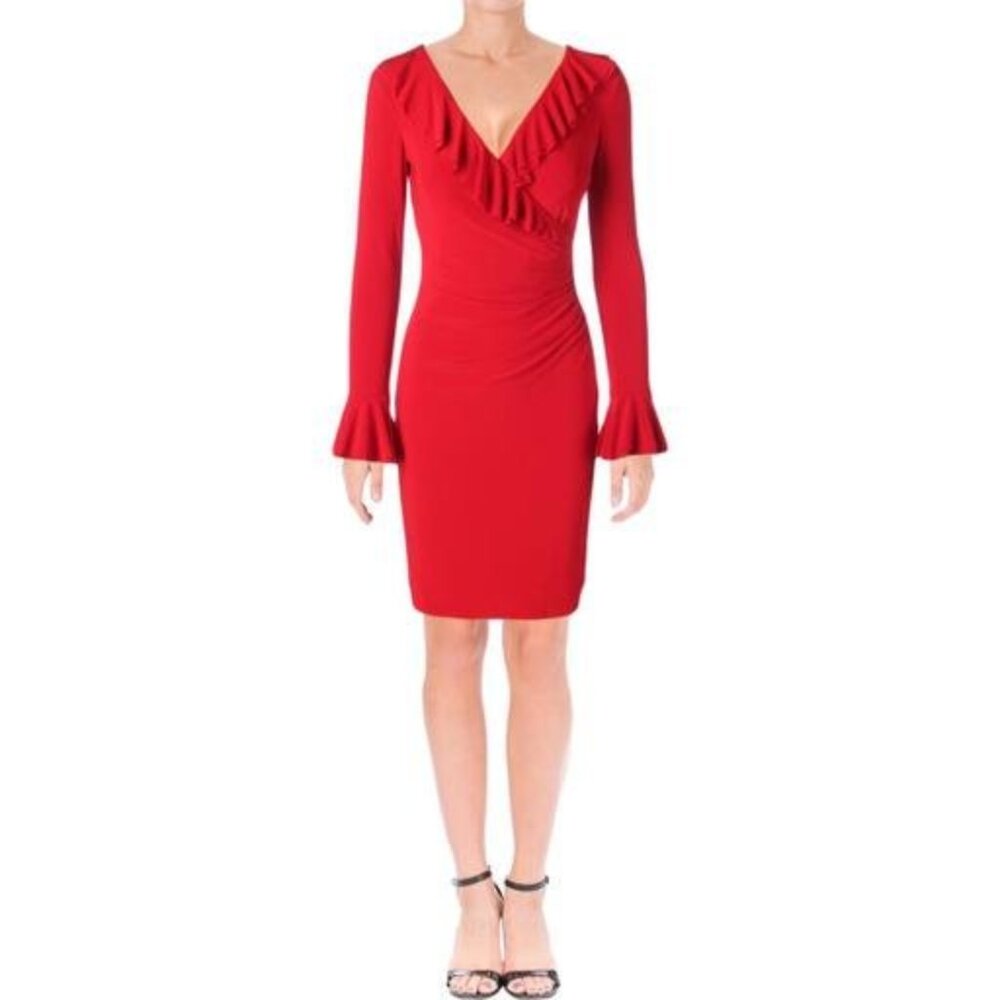 LAUREN Ralph Lauren Ruffled Trim Bell Sleeve Surplice Knee-Length Sheath Dress